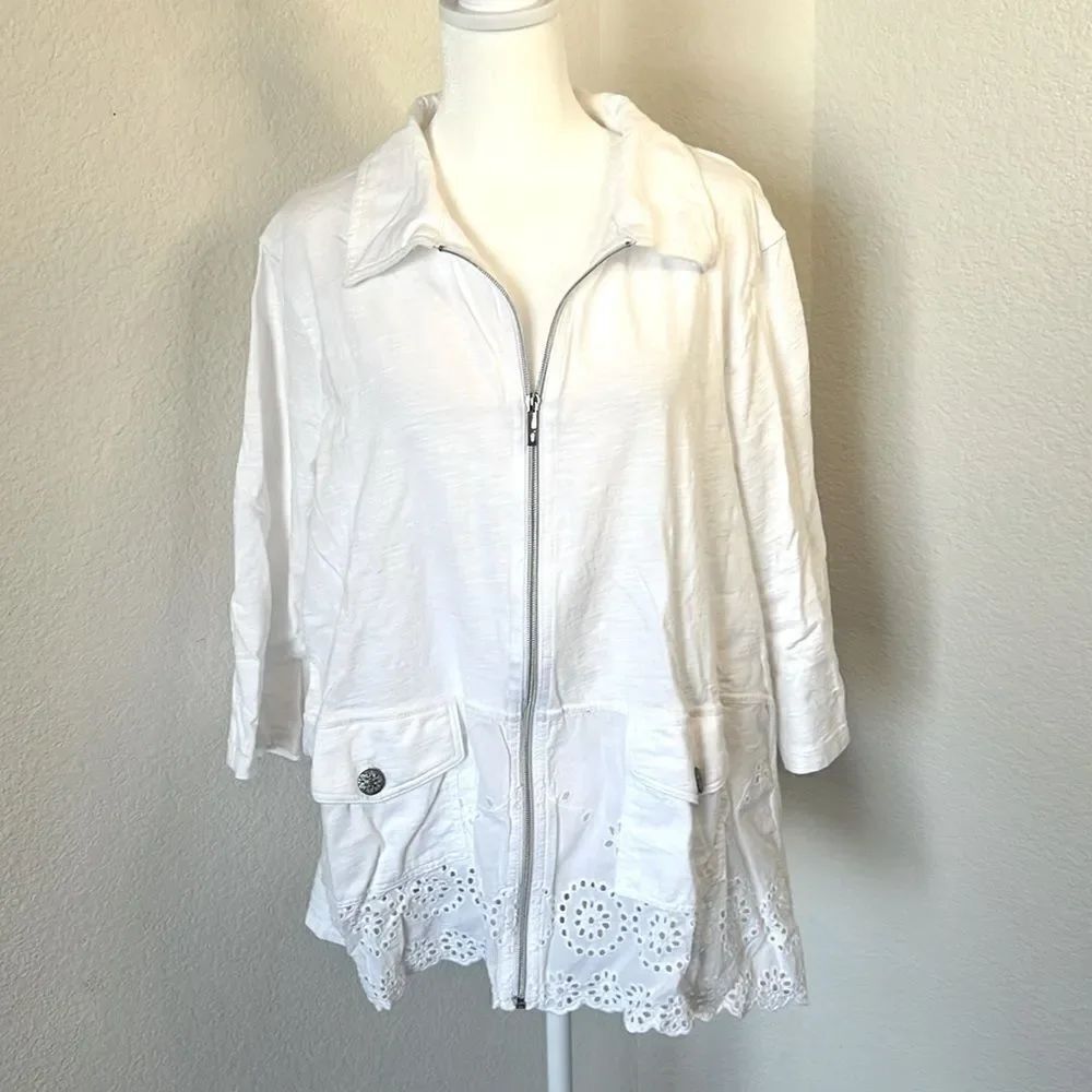 Onque Casuals Women's White Cotton 3/4 Sleeve Zipper Front Jacket ~ Size 1X